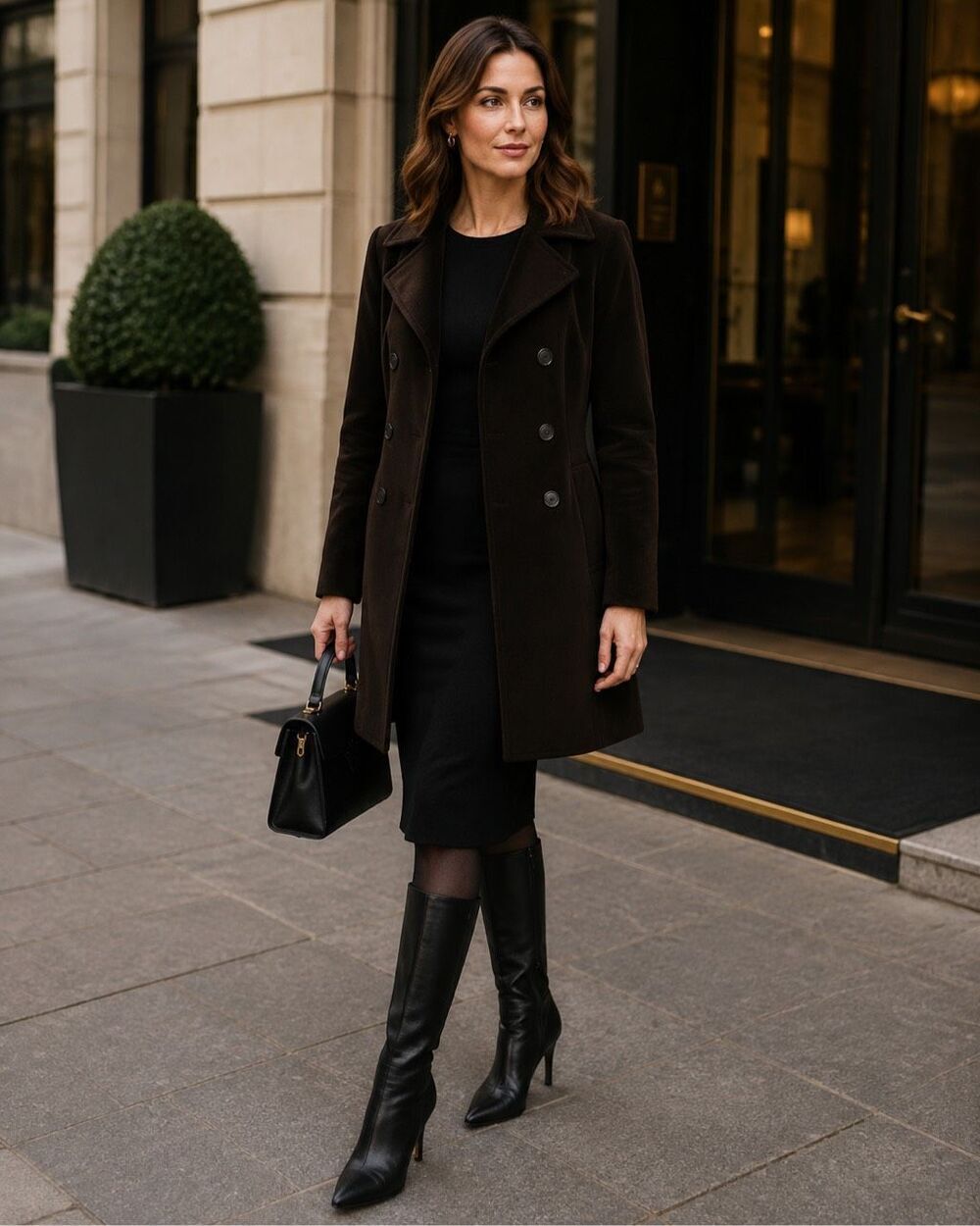 NAF NAF Chocolate Brown Peacoat S M Double Breasted Tailored Velvet Feel J-1